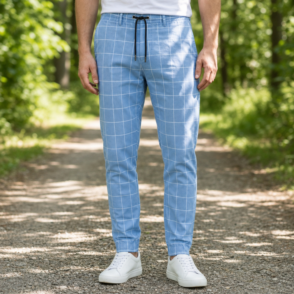 Sibenik Checkered Tapered Joggers in Blue