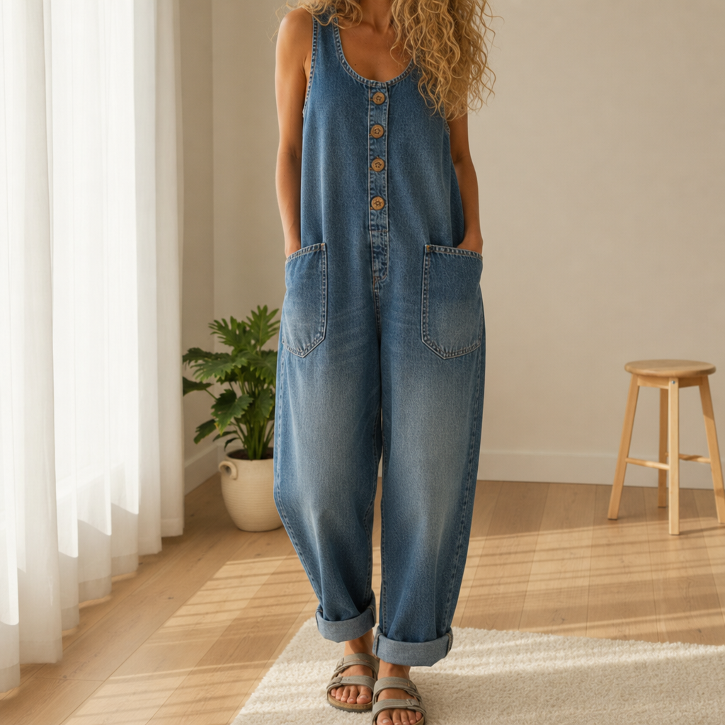 Limassol Sleeveless Denim Jumpsuit in Blue