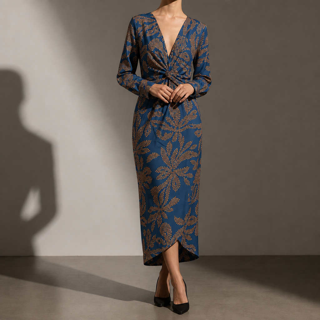 Kakopetria Printed Twist Midi Dress in Blue