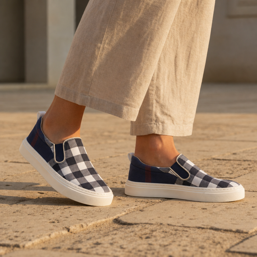 Sliema Plaid Canvas Slip-Ons in Blue