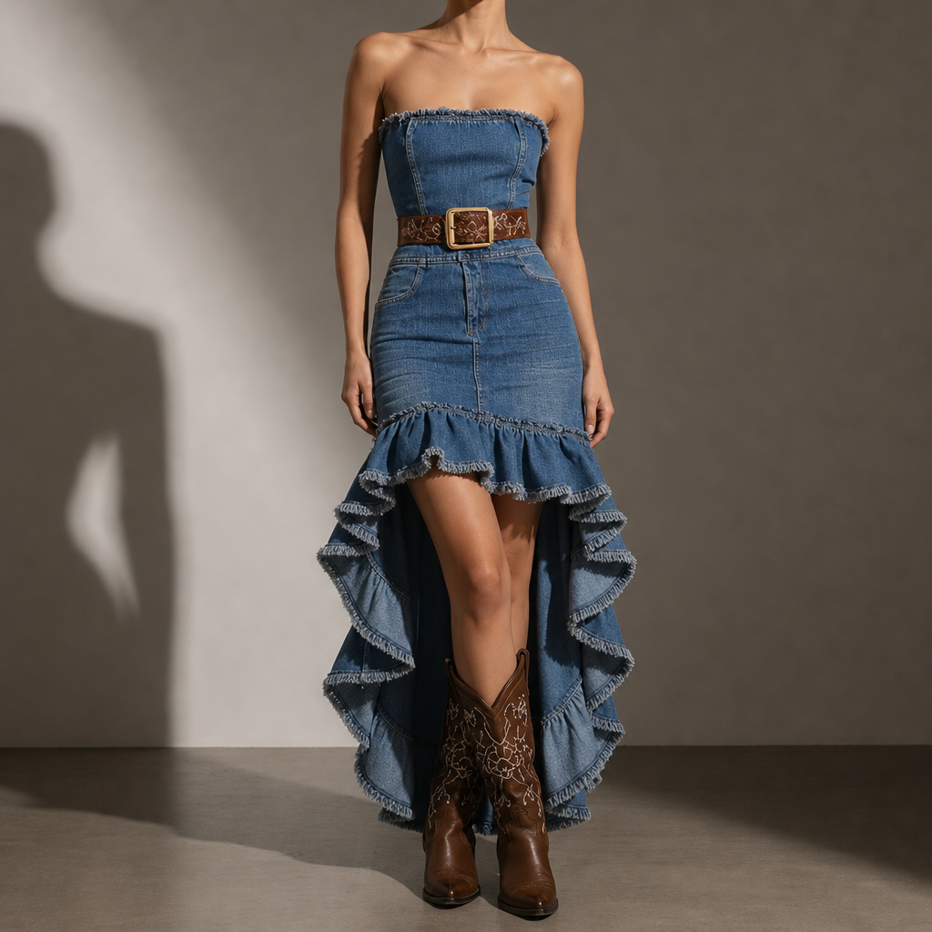 Piodao Denim Ruffle Hi-Low Dress in Blue