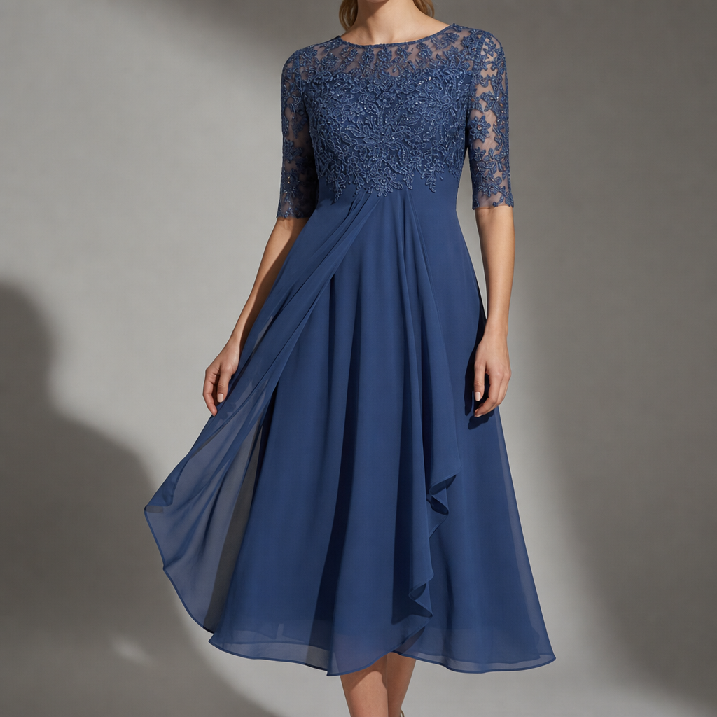 Sagres Lace Chiffon Midi Dress in Blue