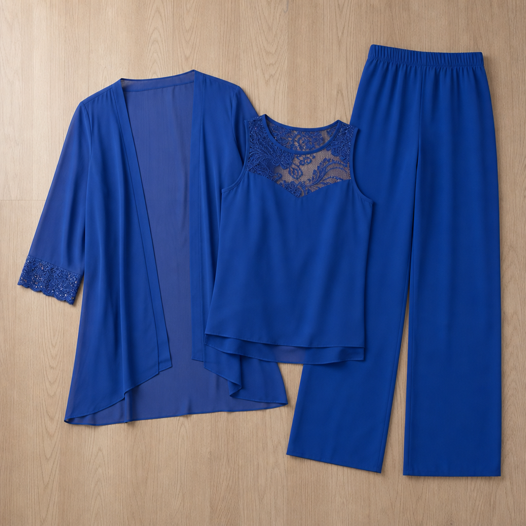 Poros Chiffon Three-Piece Suit in Blue