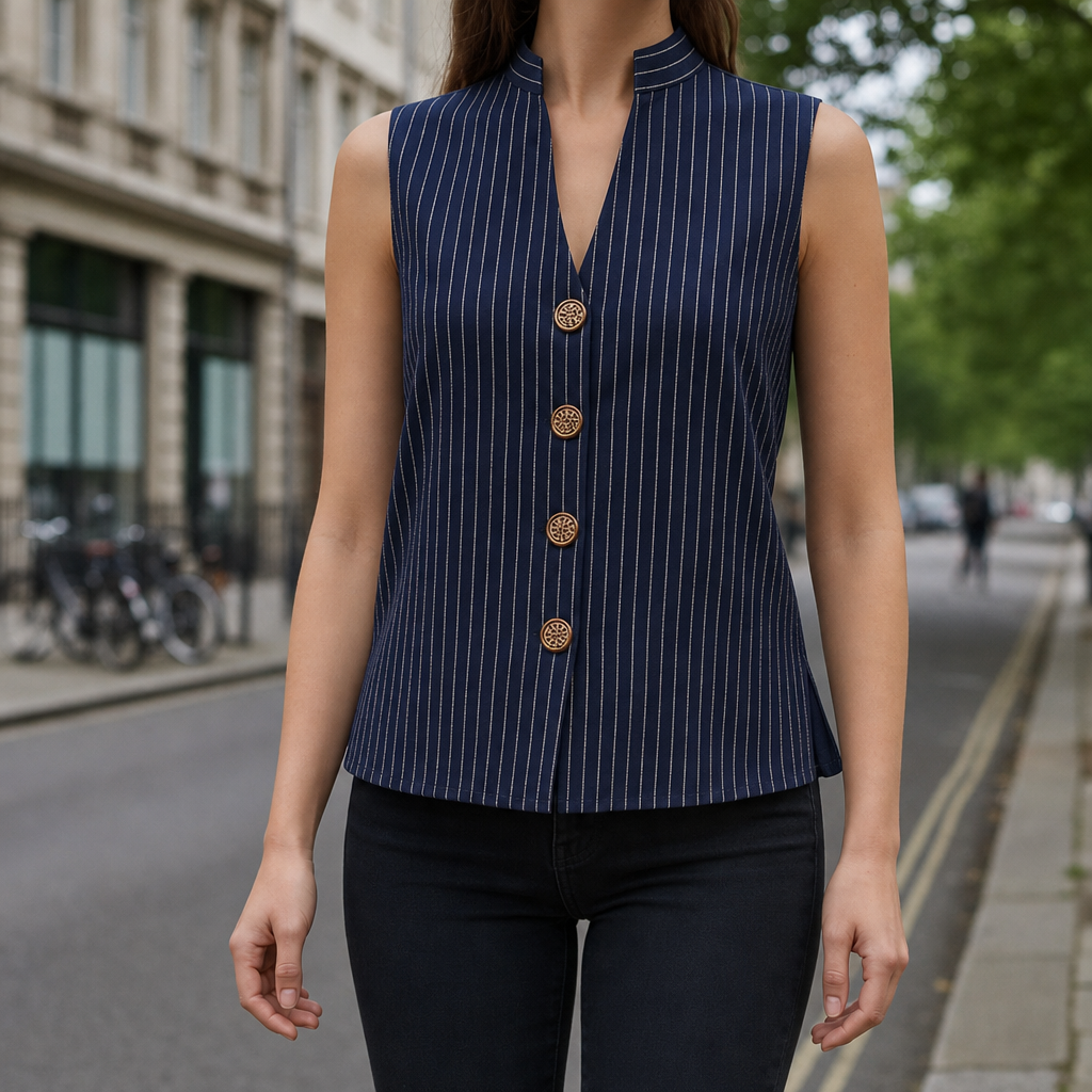 Lefkada Striped Button Vest Top in Blue