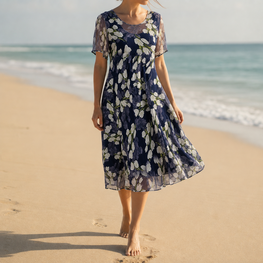 Tinos Floral Chiffon A-Line Dress in Blue