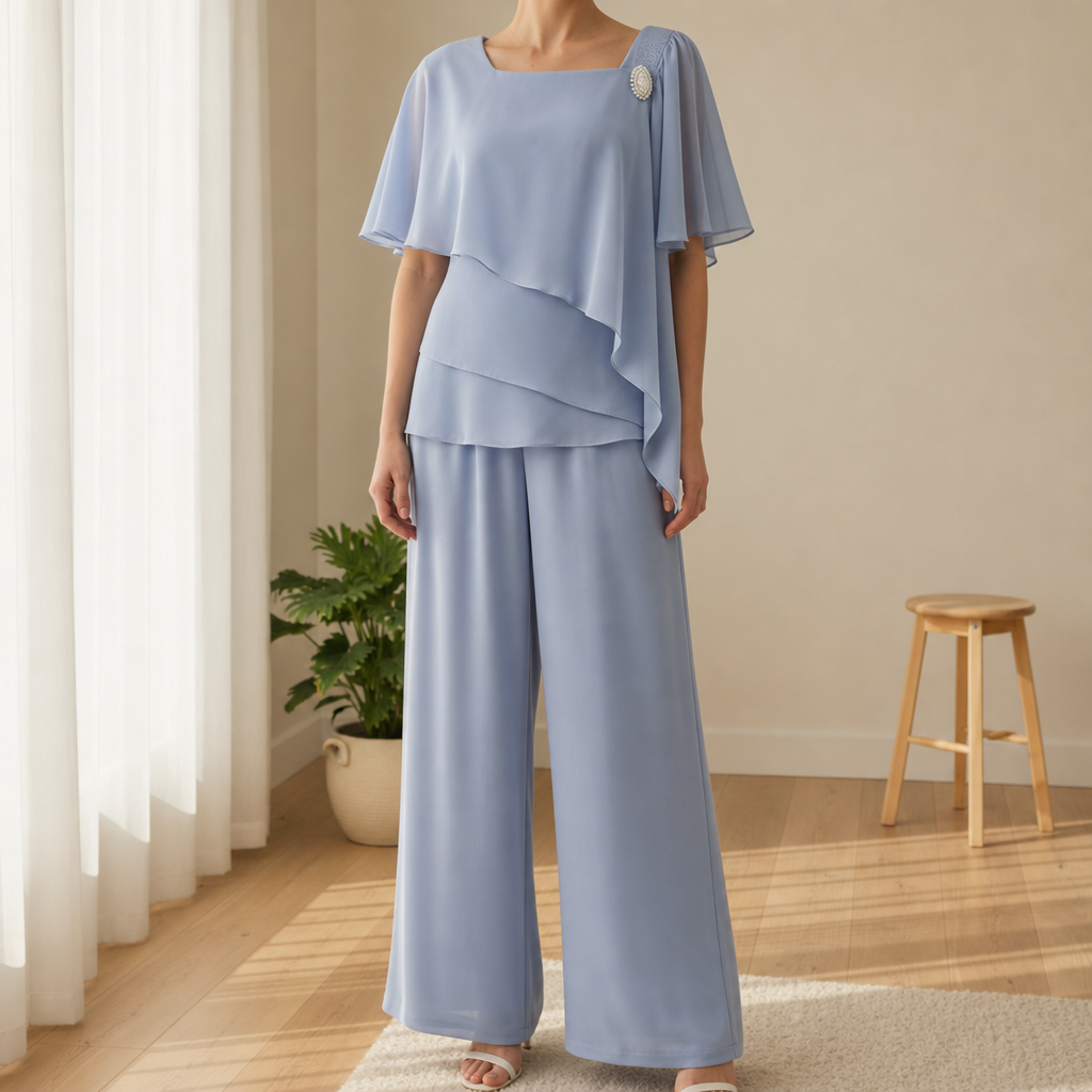 Deia Layered Chiffon Trouser Set in Blue