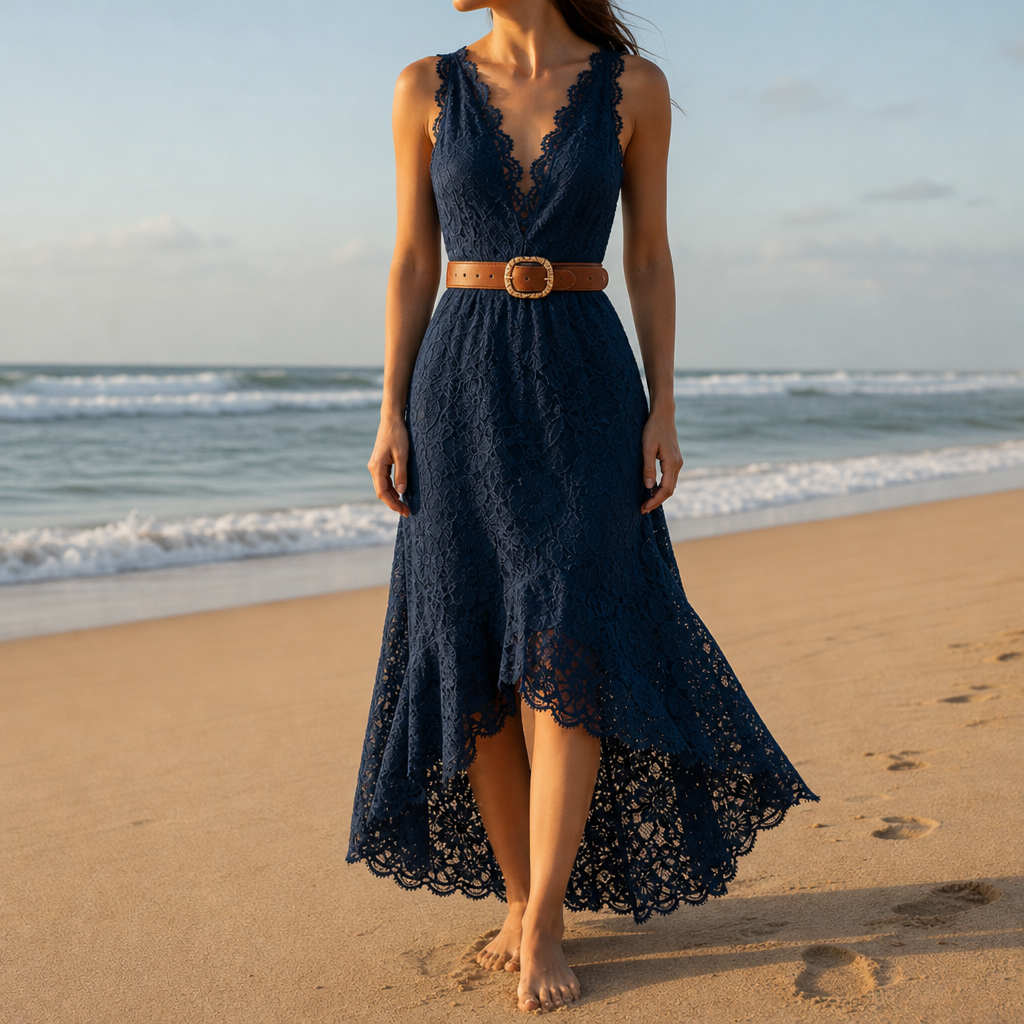 Comporta Lace Hi-Low Maxi Dress in Blue