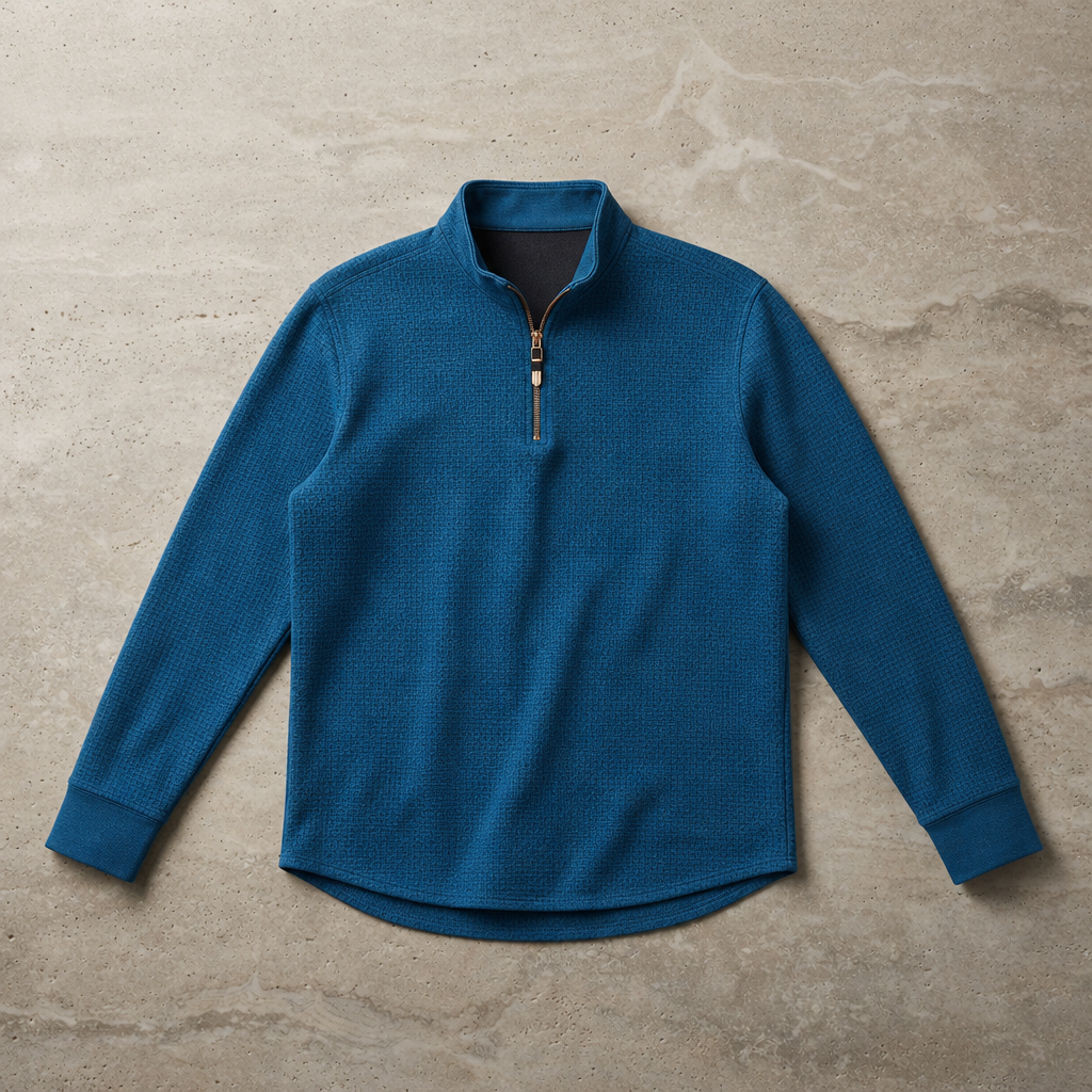 Chios Textured Quarter-Zip Pullover in Blue