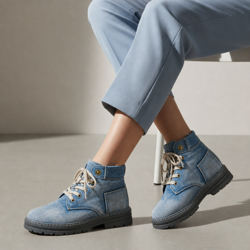 Menerbes Denim Lace-Up Boots in Blue