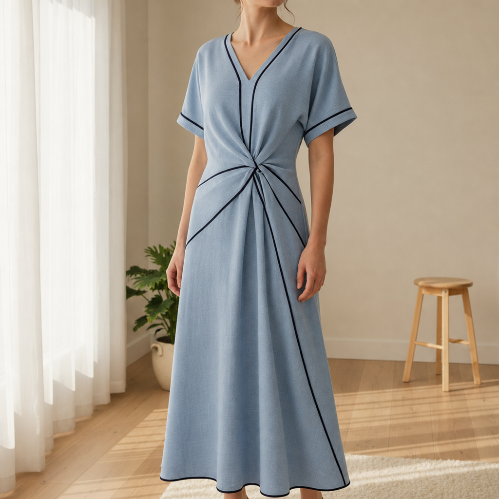 Villefranche Twist Front Midi Dress in Blue