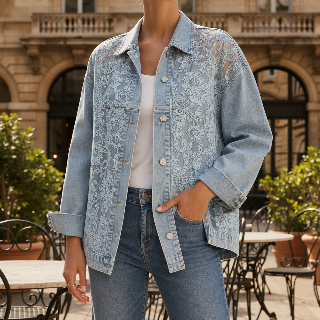 Toledo Lace Floral Denim Jacket in Blue