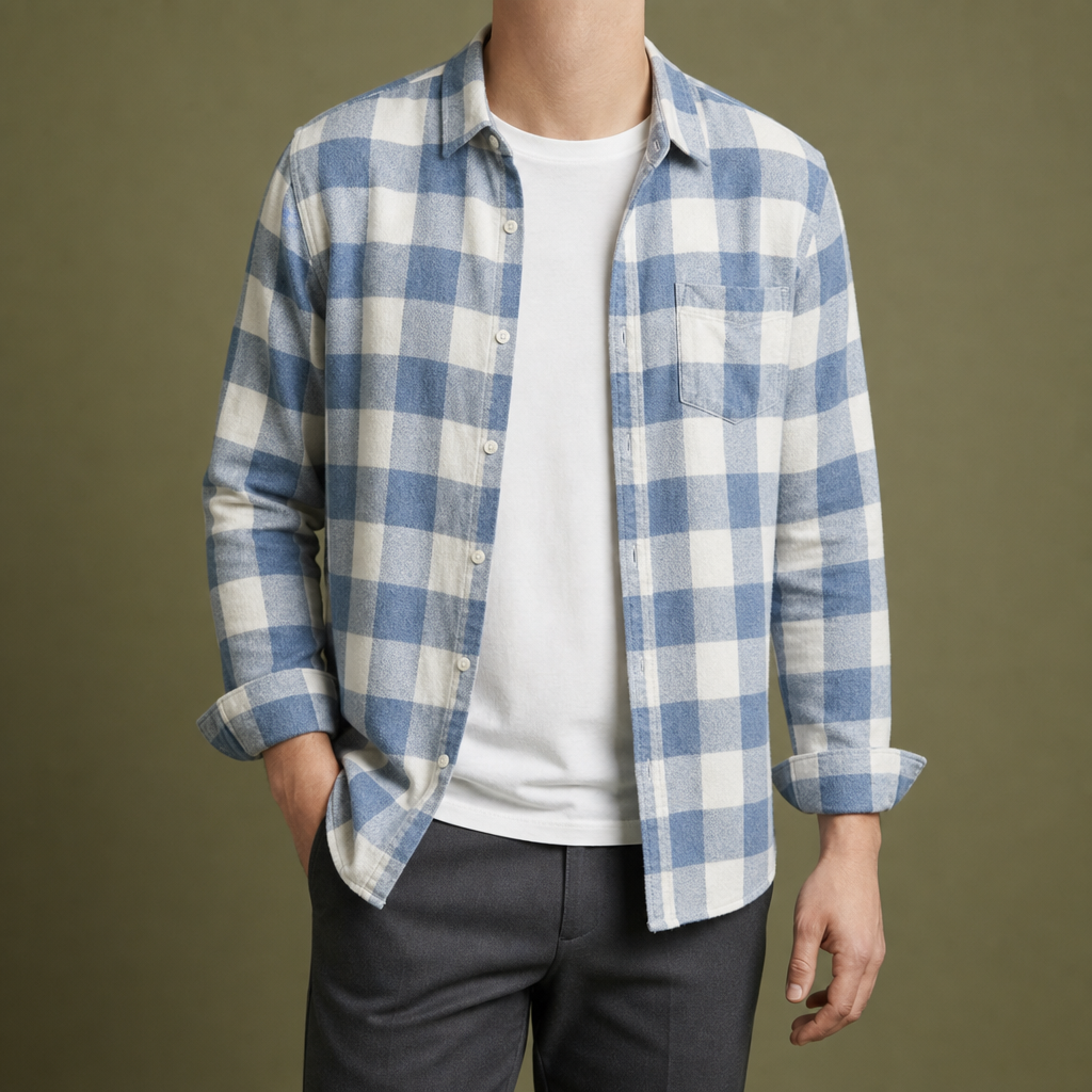 Kent Slim Fit Plaid Cotton Long Sleeve Shirt in Blue