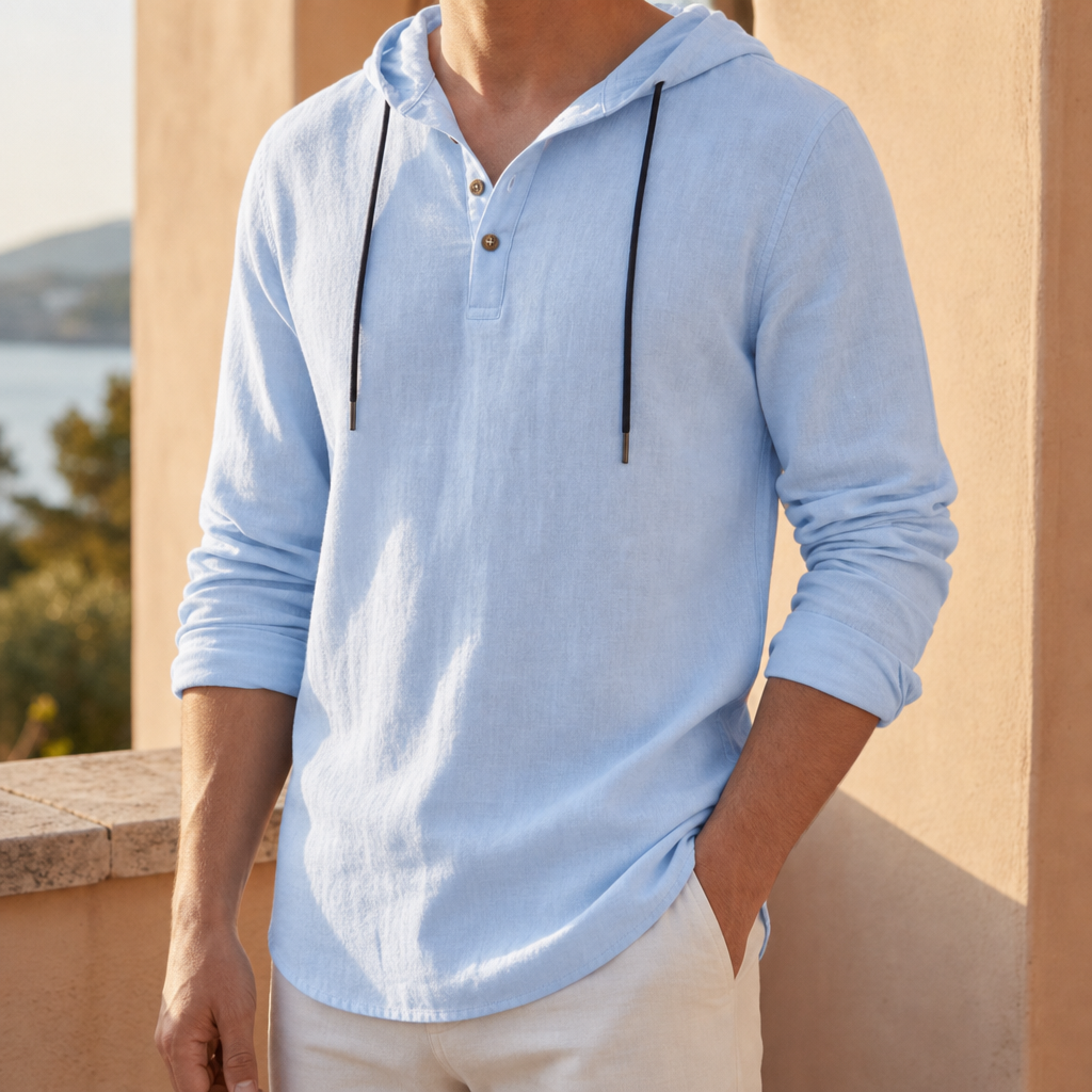 Montepulciano Linen Henley Hoodie Shirt in Blue