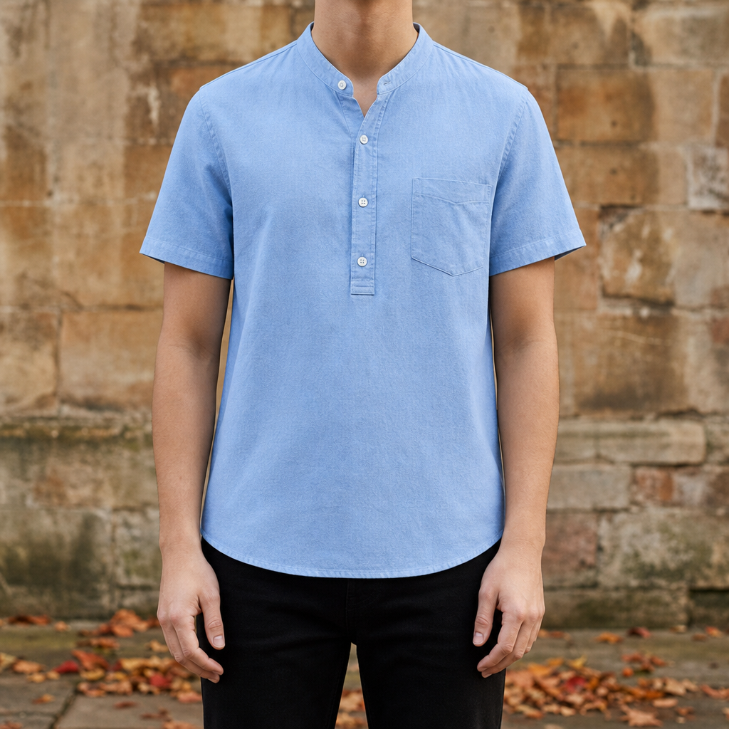 Cortona Band Collar Casual Shirt in Blue