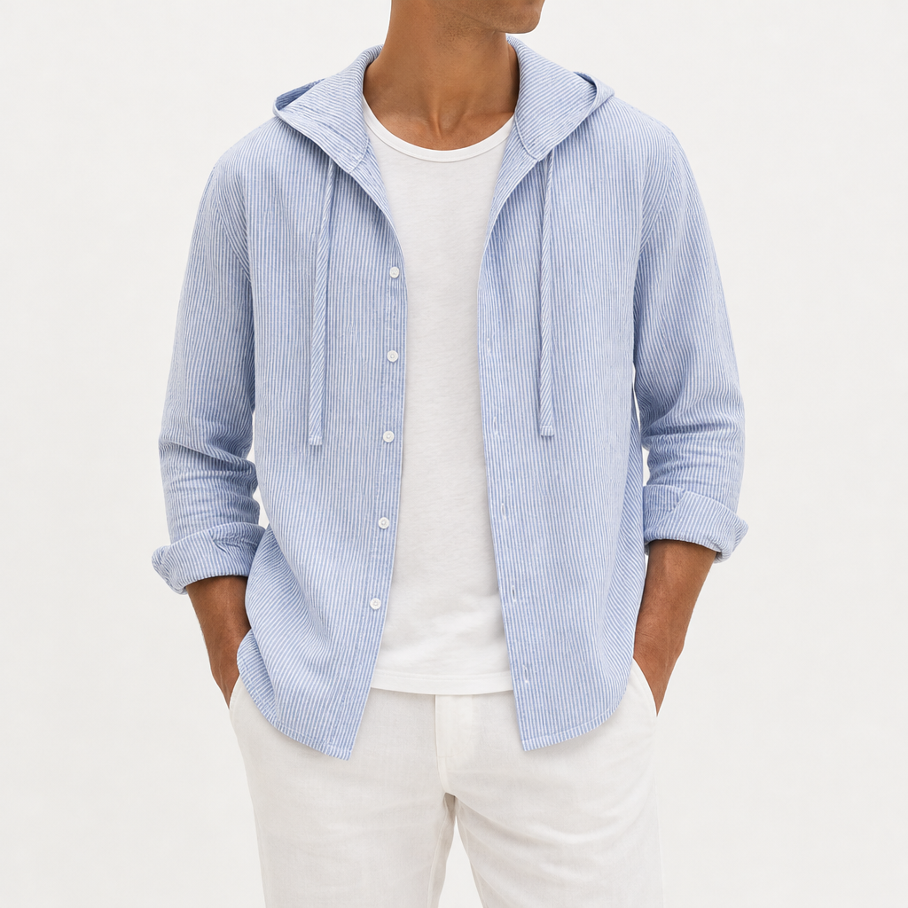 Ston Striped Hooded Linen Shirt in Blue
