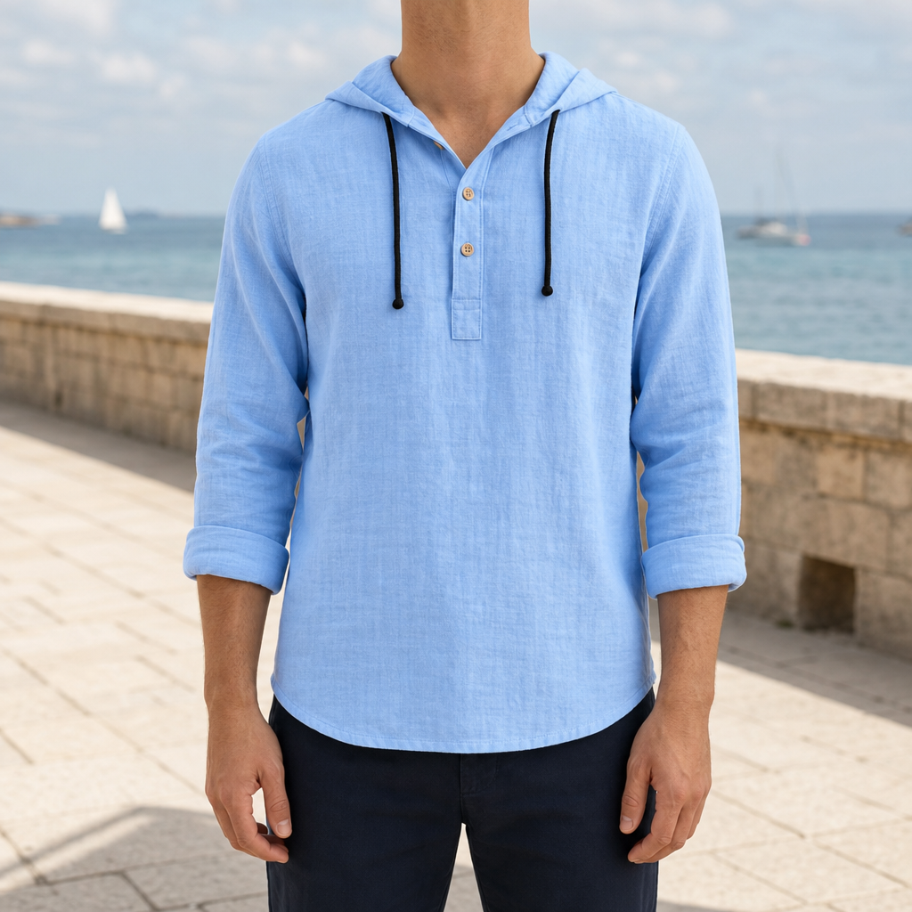 Tavira Linen Hooded Henley in Blue