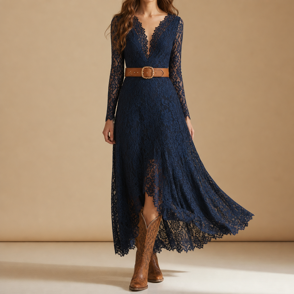 Porquerolles Lace V-Neck Midi Dress in Blue