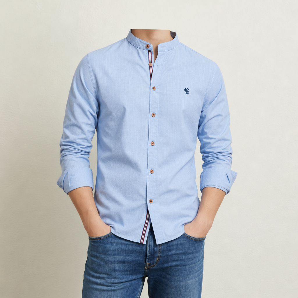 Naxos Band Collar Cotton Shirt in Blue
