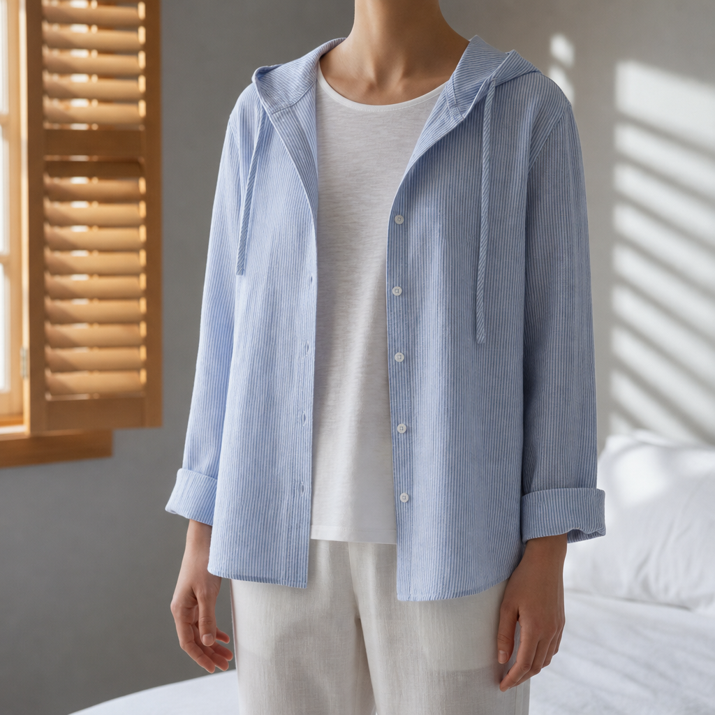 Padova Striped Linen Hoodie Shirt in Blue