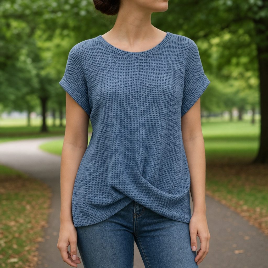 Hvar Waffle Knit Twist Top in Blue Waffle