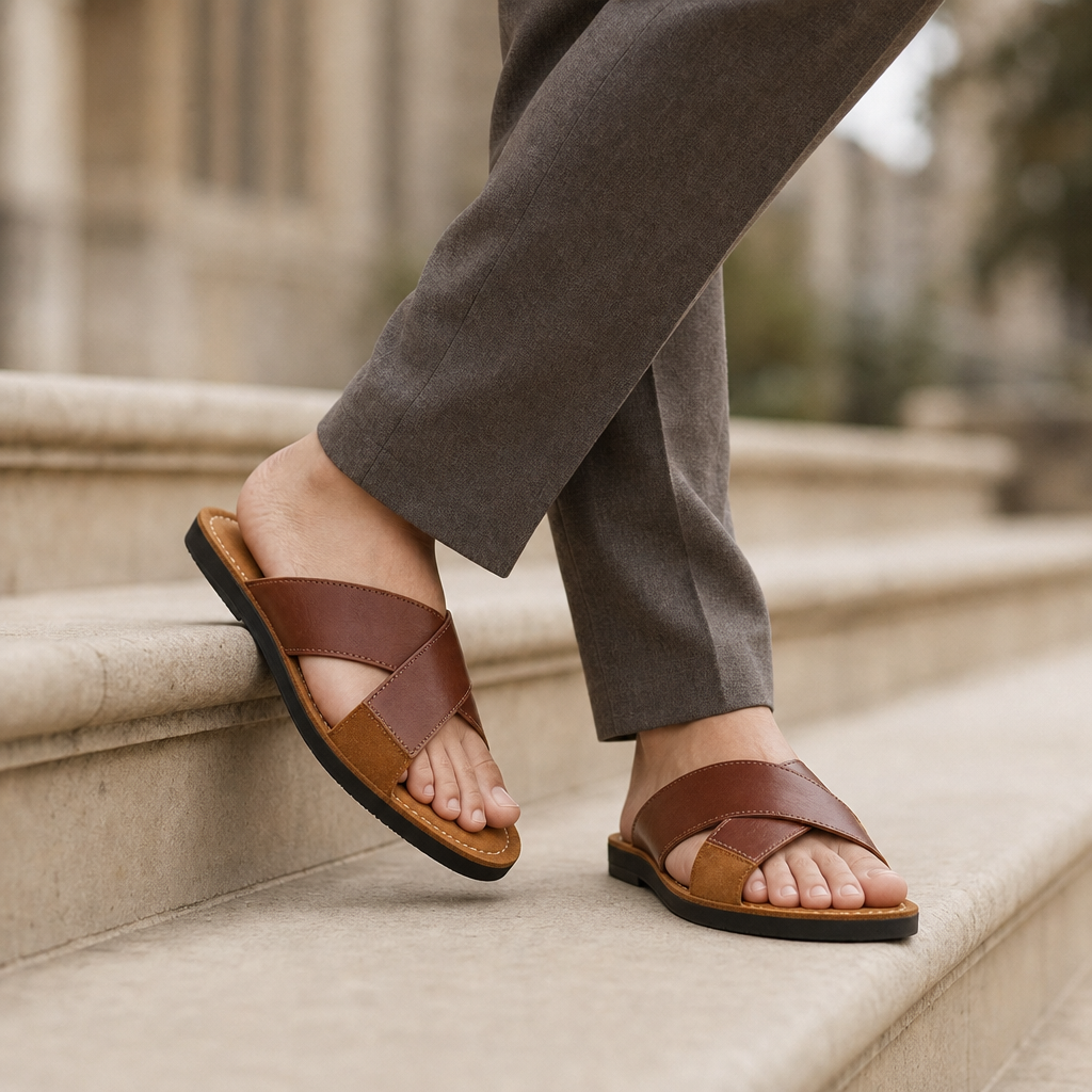 Avignon Leather Cross-Strap Slides in Brown