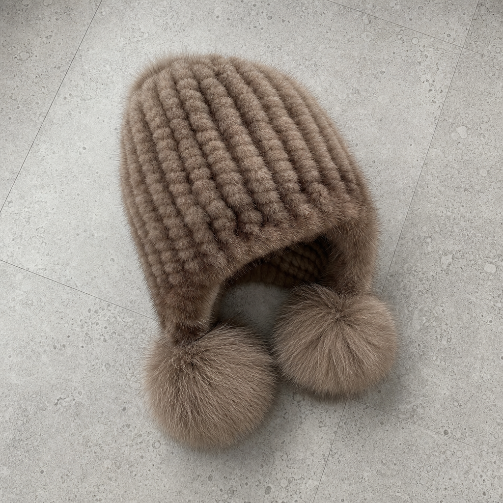 Deia Fur Pompom Beanie in Brown