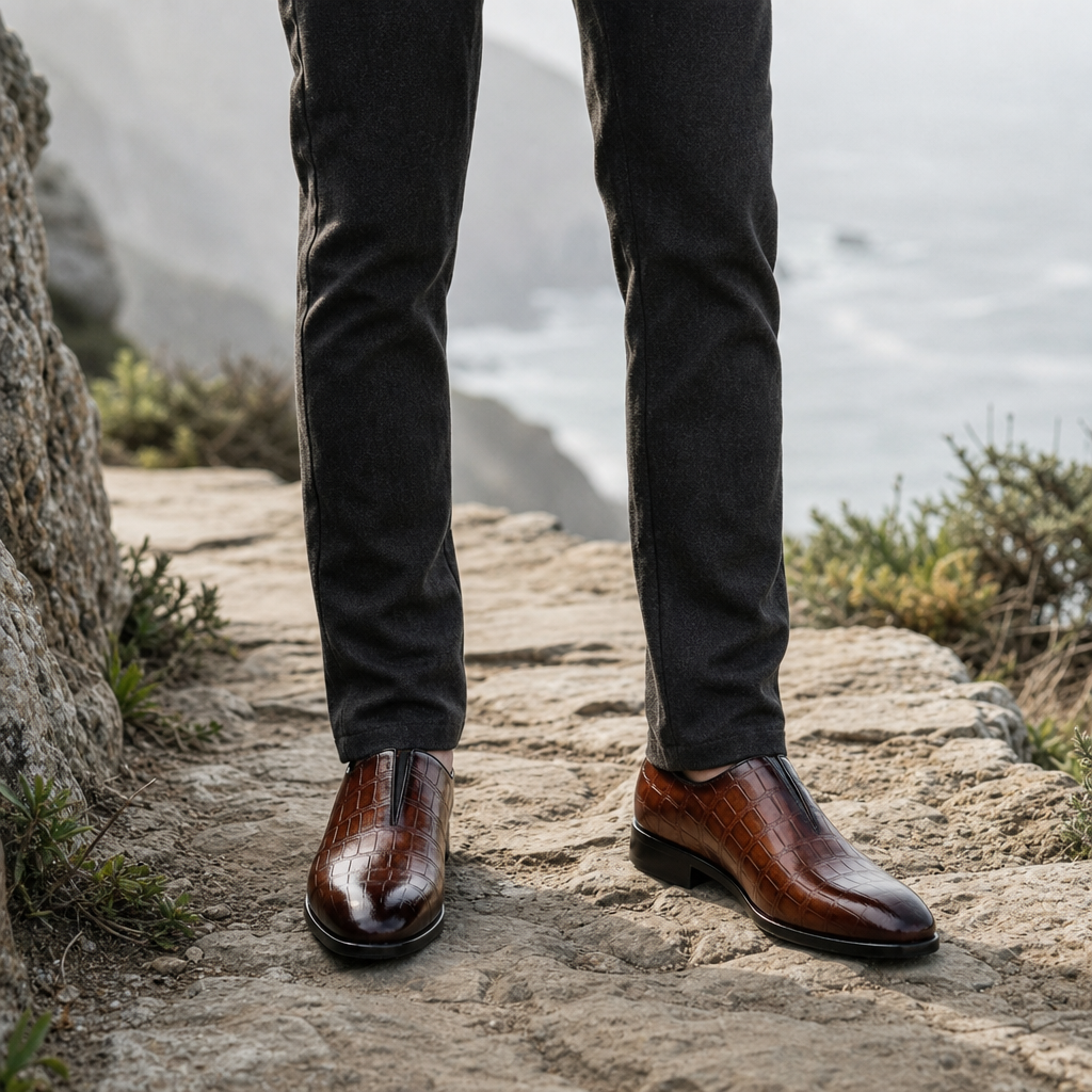 Bolzano Croc Embossed Slip-On Oxford in Brown