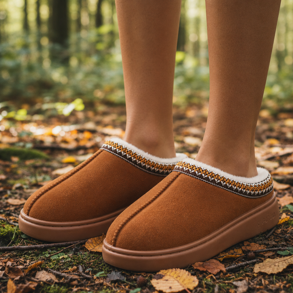 Getaria Fur-Lined Suede Slippers in Brown