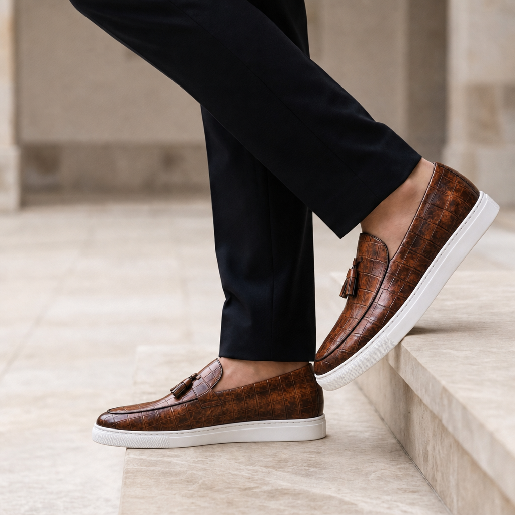 Cordoba Croc Tassel Loafers in Brown