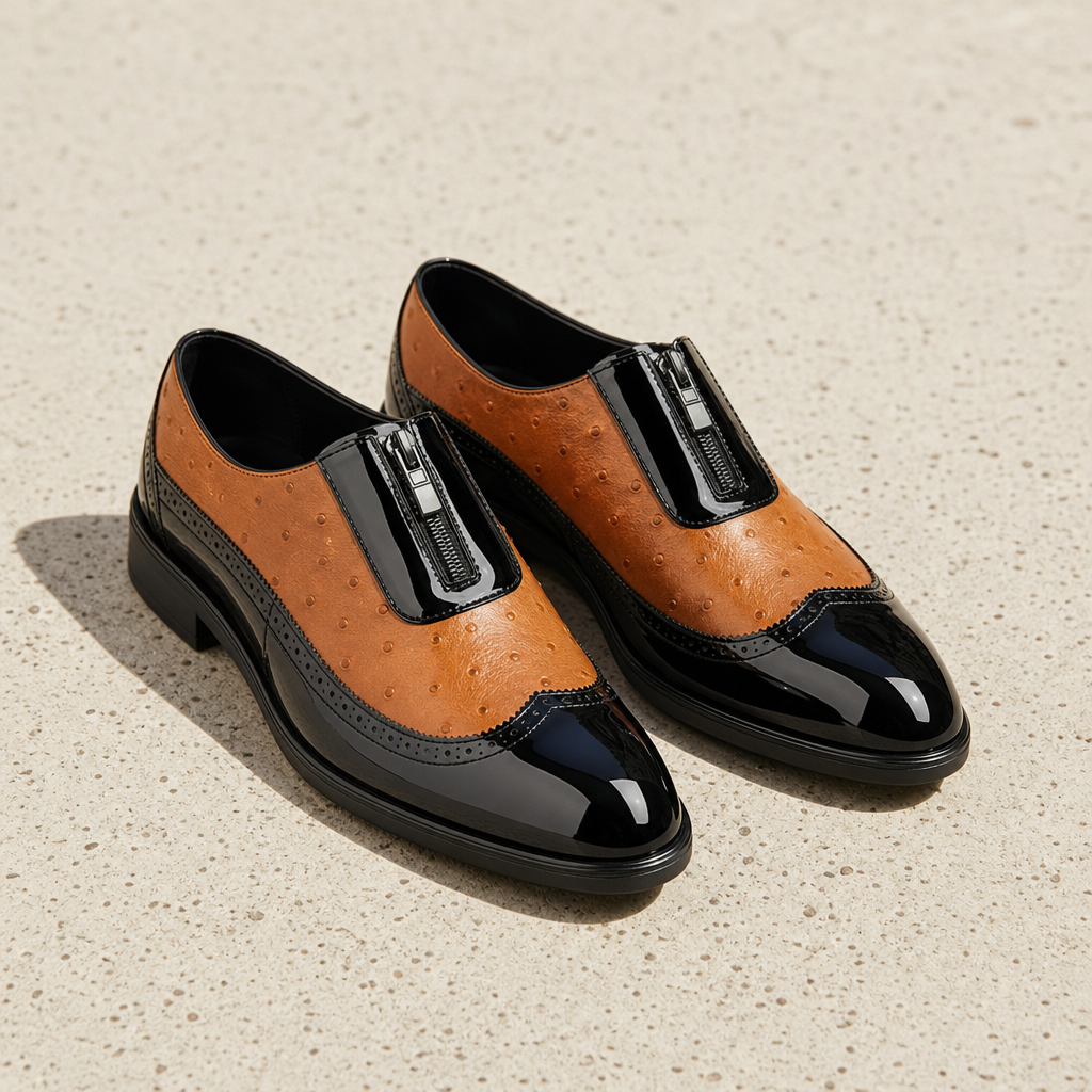 Anzio Ostrich Patent Oxford Shoes in Brown