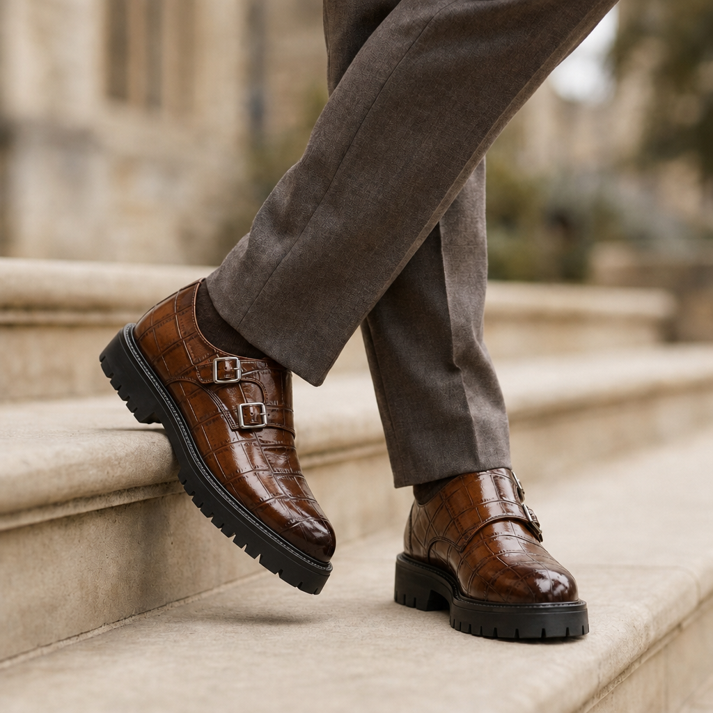 Kakopetria Croc Leather Monk Shoes in Brown