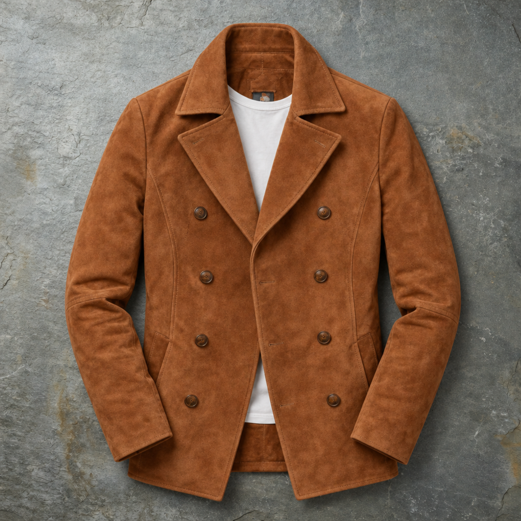 Rapallo Suede Double-Breasted Peacoat in Brown