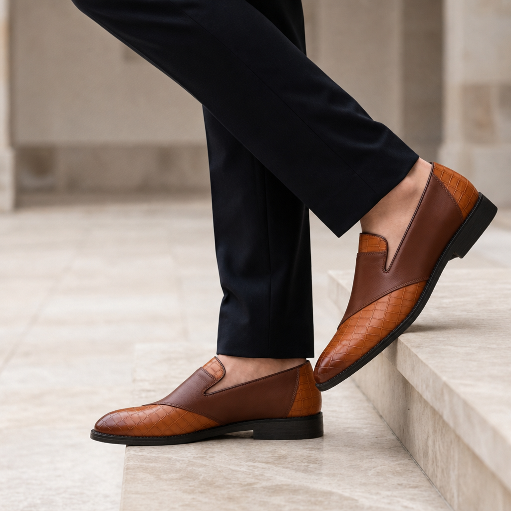 Pienza Croc Embossed Loafers in Brown