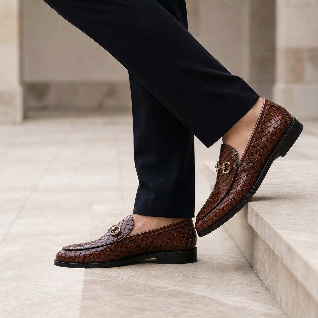 Carcassonne Woven Leather Horsebit Loafers in Brown