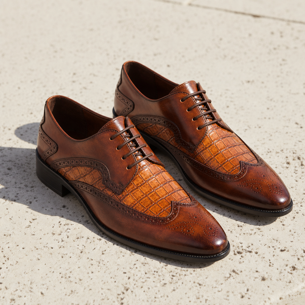 Porquerolles Croc Leather Brogue Oxfords in Brown