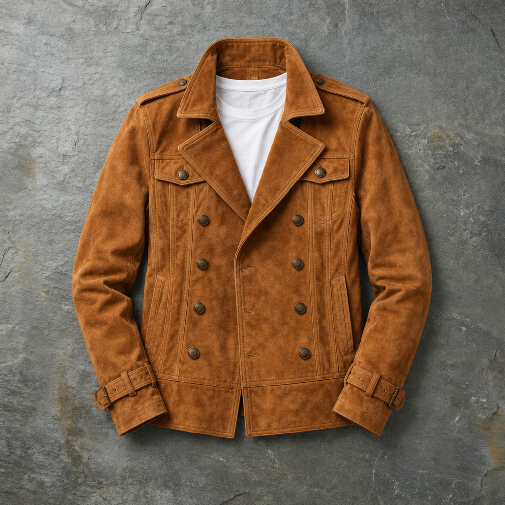 Carvoeiro Double-Breasted Suede Jacket in Brown