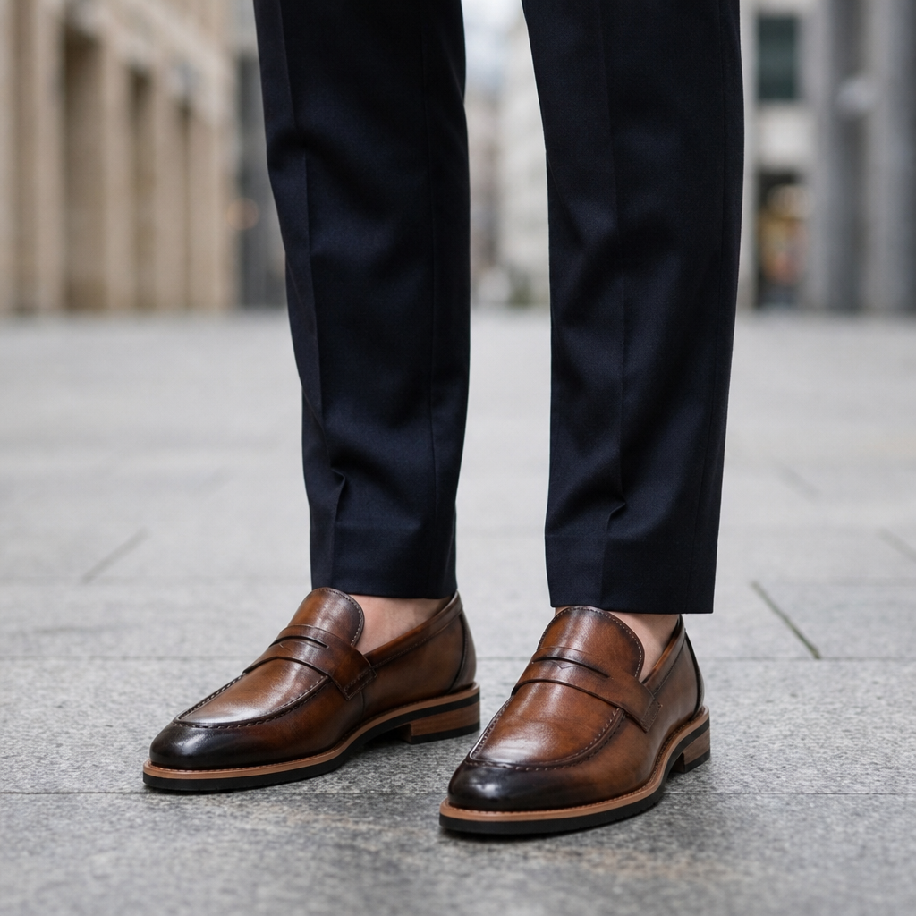 Thassos Polished Leather Penny Loafers in Brown