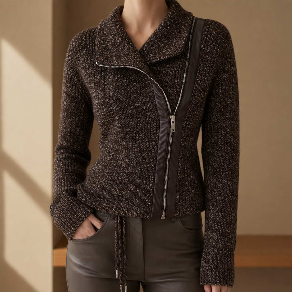Samos Asymmetrical Zip Knit Jacket in Brown