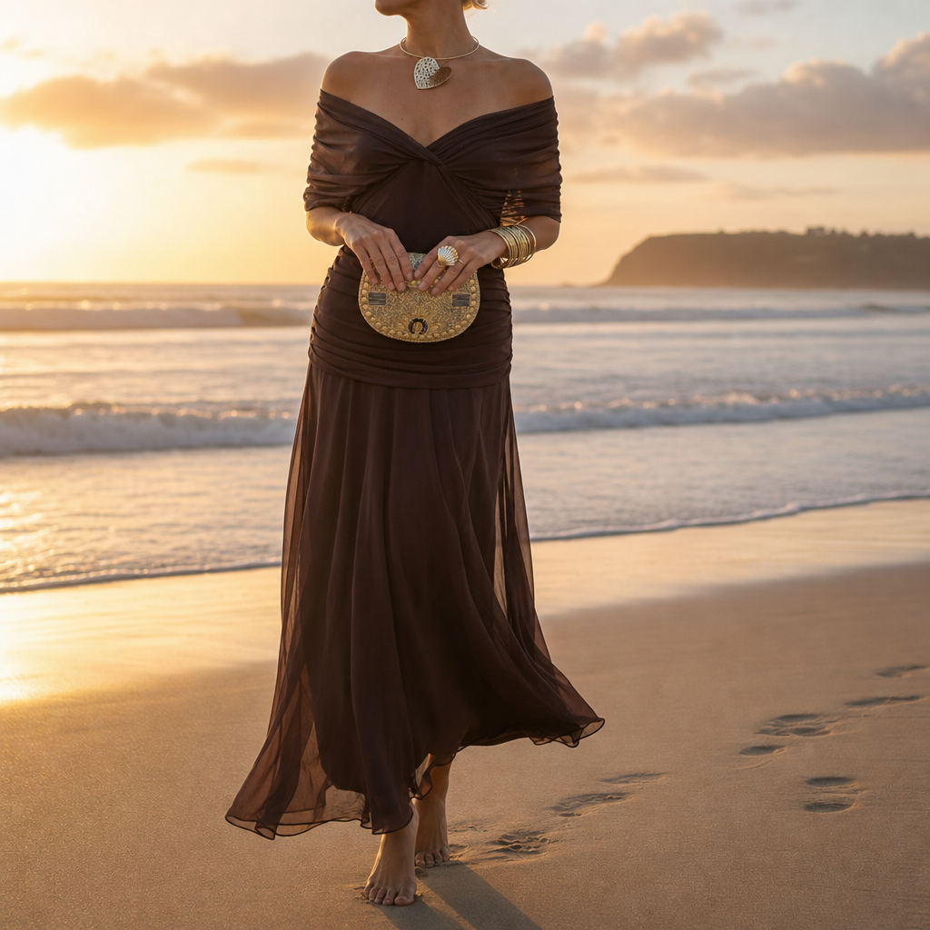 Caceres Ruched Chiffon Midi Dress in Brown