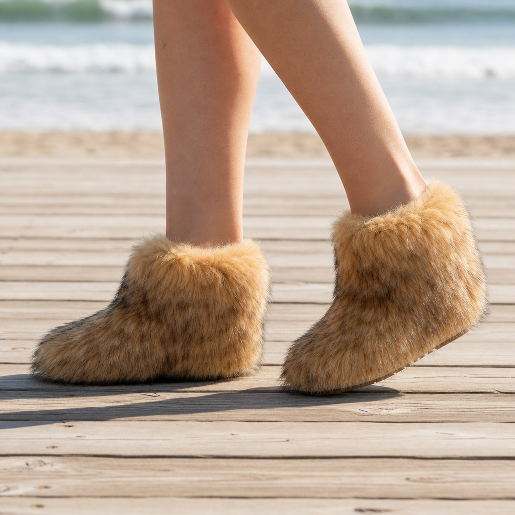 Skiathos Fluffy Faux Fur Boots in Brown