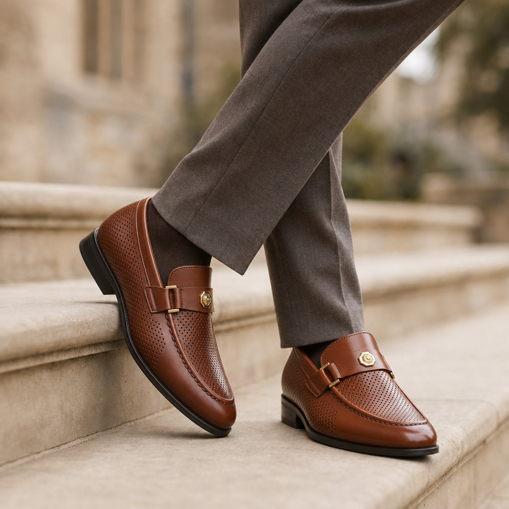 Evora Perforated Leather Loafers in Brown