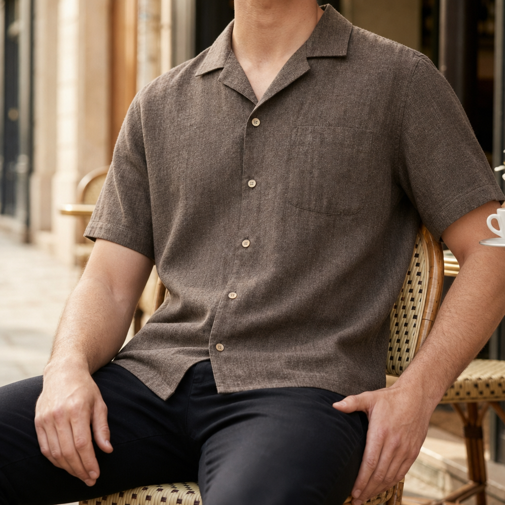 Baeza Linen Camp Collar Shirt in Brown