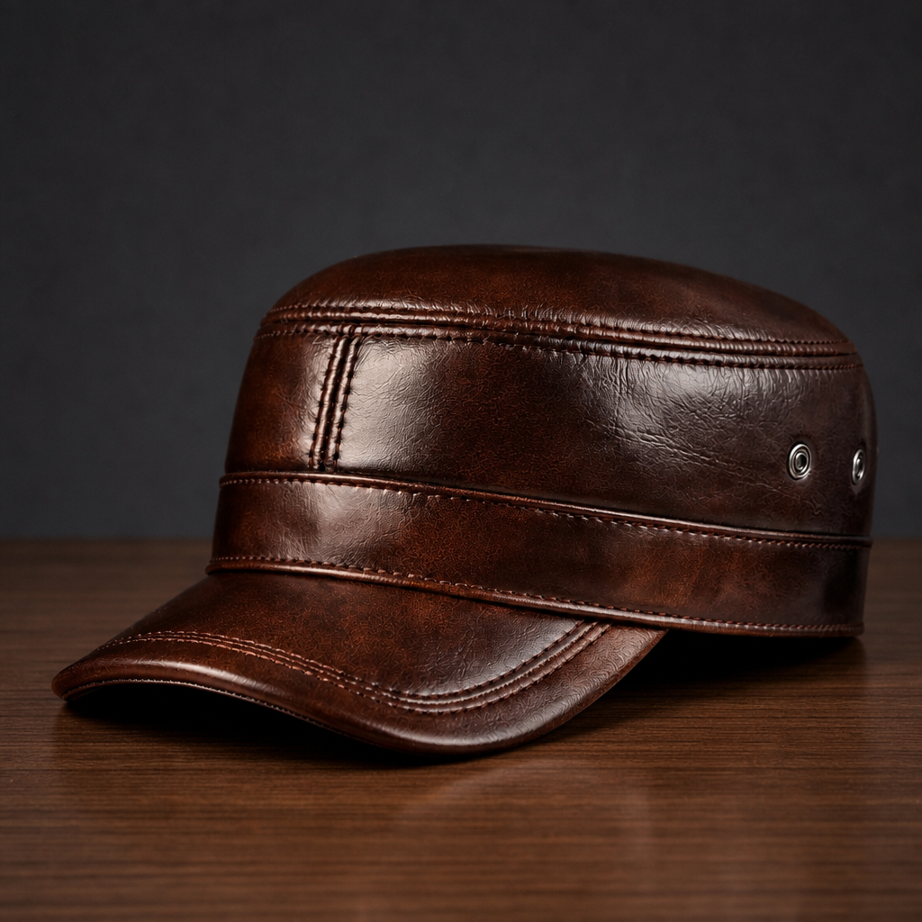 Marenzo Leather Military Cap in Brown