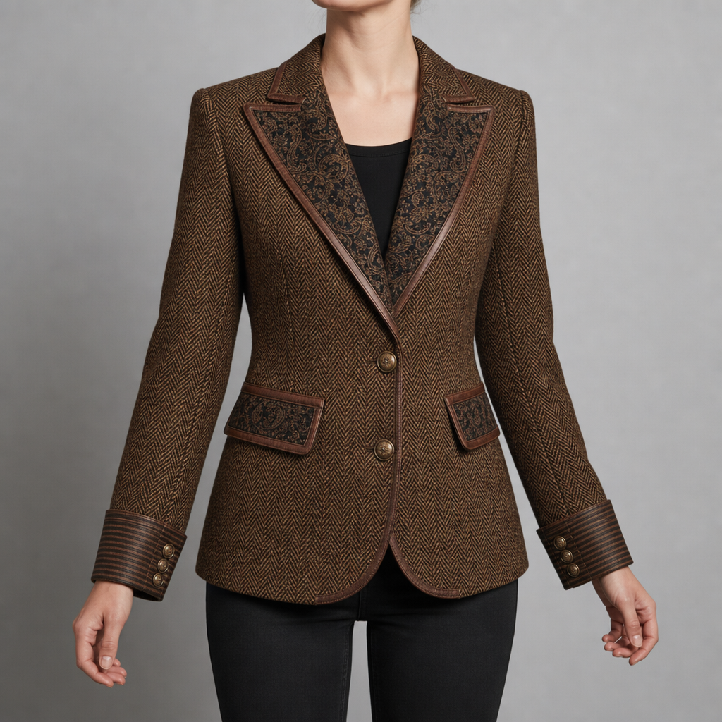 Cassis Herringbone Tweed Blazer in Brown