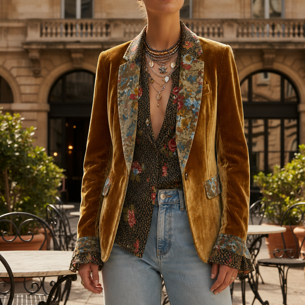 Makarska Velvet Floral Patchwork Blazer in Brown