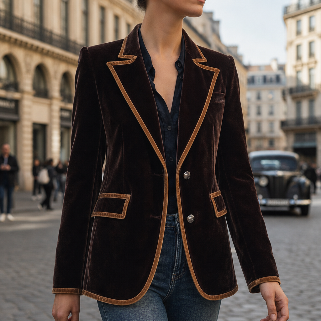 Delphi Velvet Contrast Trim Blazer in Brown
