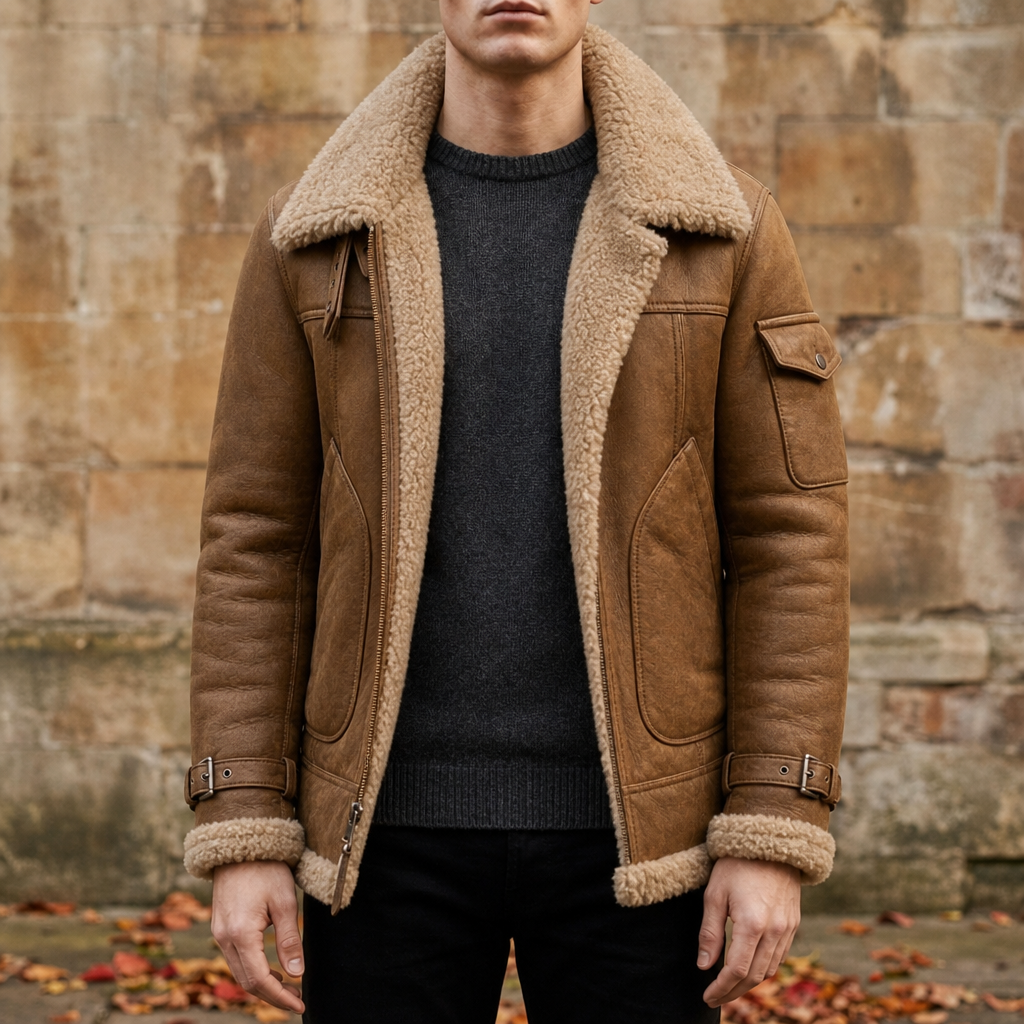 Paphos Shearling Lined Leather Jacket in Brown