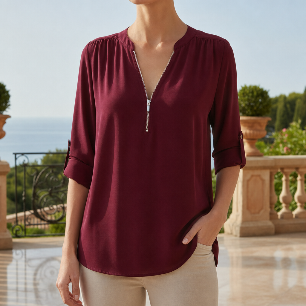 Lagos Zip V-Neck Chiffon Blouse in Burgundy