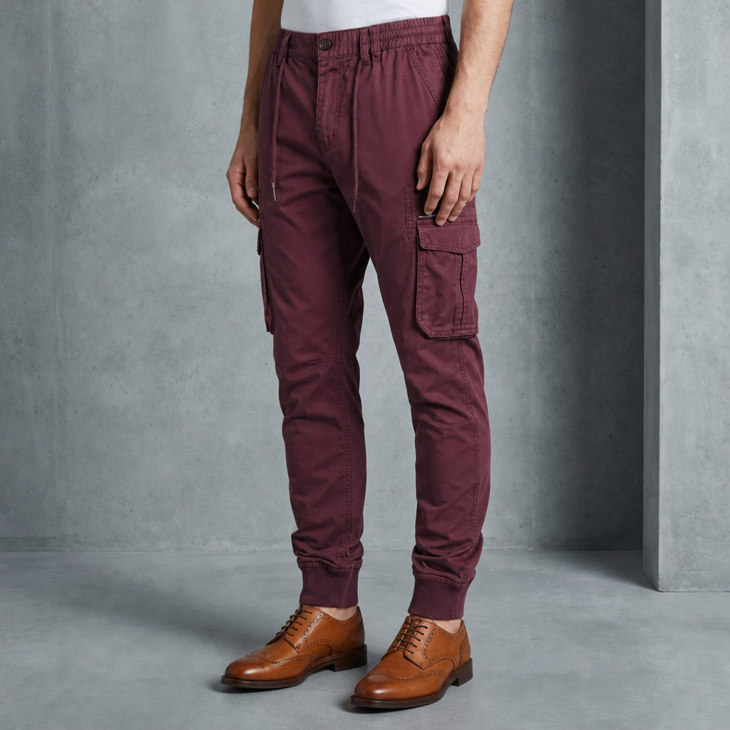 Kos Tapered Cargo Joggers in Burgundy