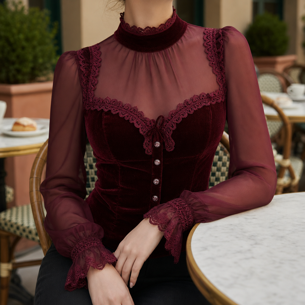Cavtat Velvet Lace Corset Blouse in Burgundy